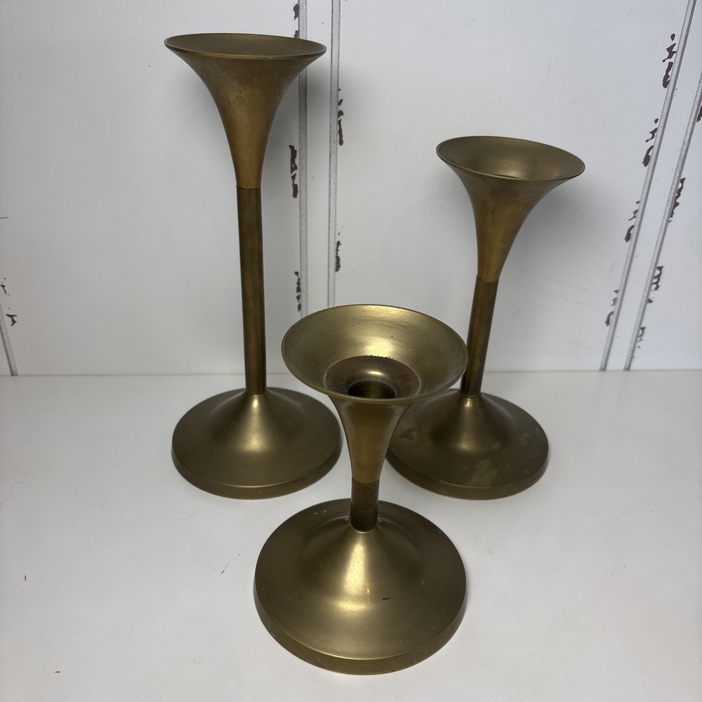 VTG Brass Trumpet Candlestick Holders Set 3 Graduated Mid Century Modern Patina